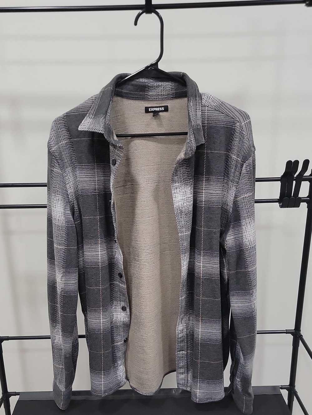 Express Men's Black and Gray Plaid Button-Down Shirt
